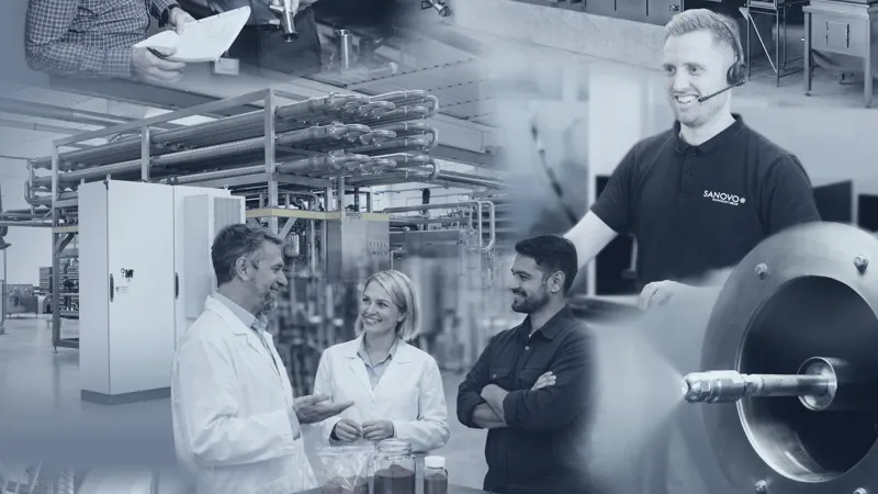 Collage showing SANOVO TECHNOLOGY PROCESS customer care, application testing, and industrial processing equipment.