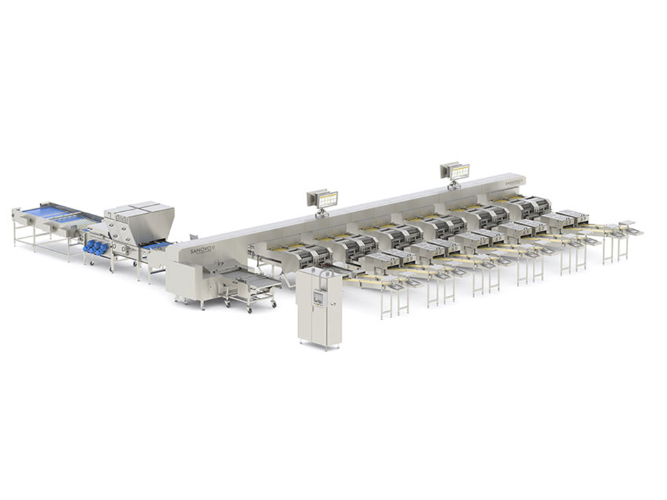 Side view of the Ardenta 300 egg grading machine with two-track mainframe and packing lanes by SANOVO TECHNOLOGY GROUP.