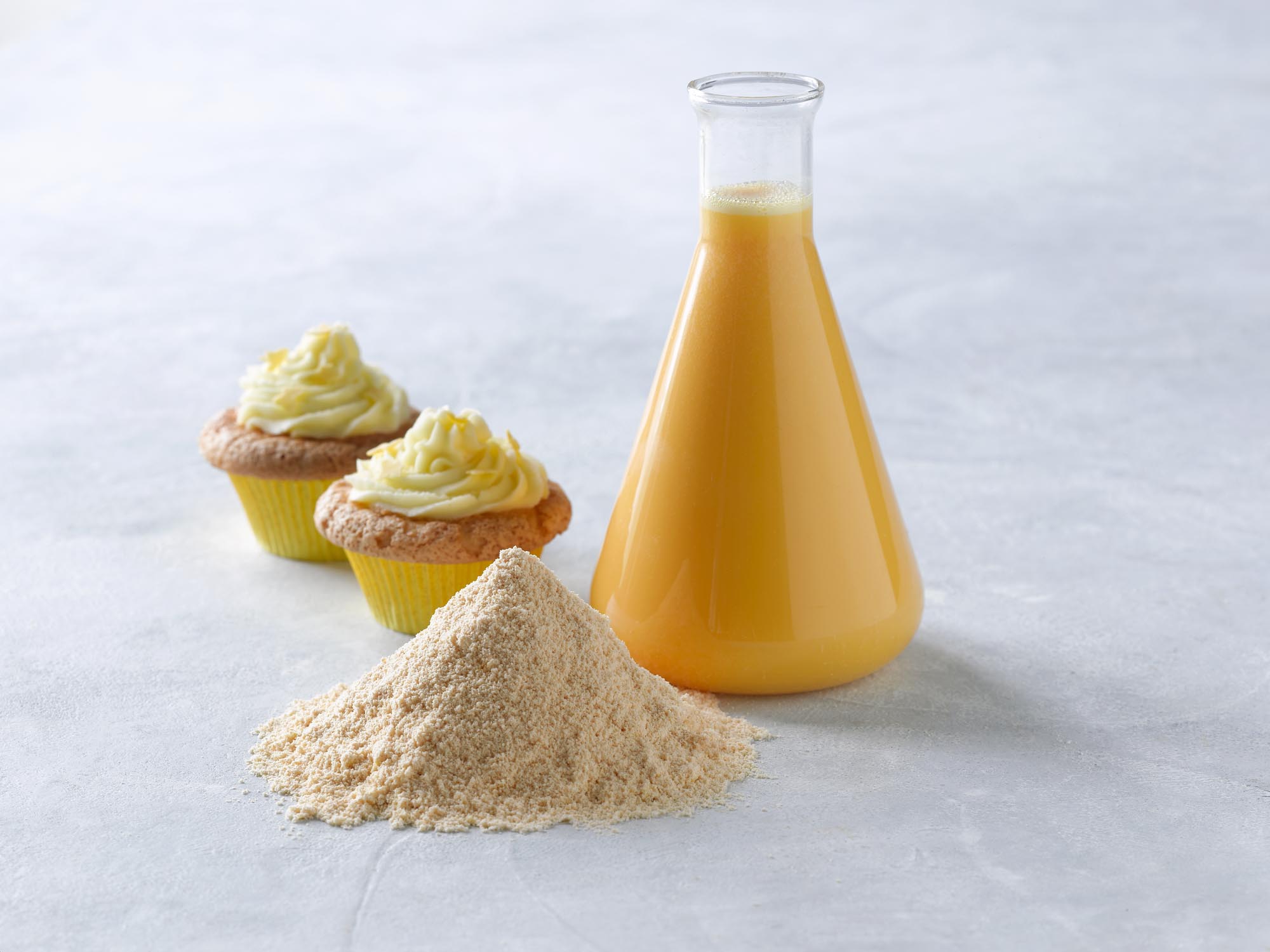 Liquid whole egg and whole egg powder with muffins showing final food production applications.