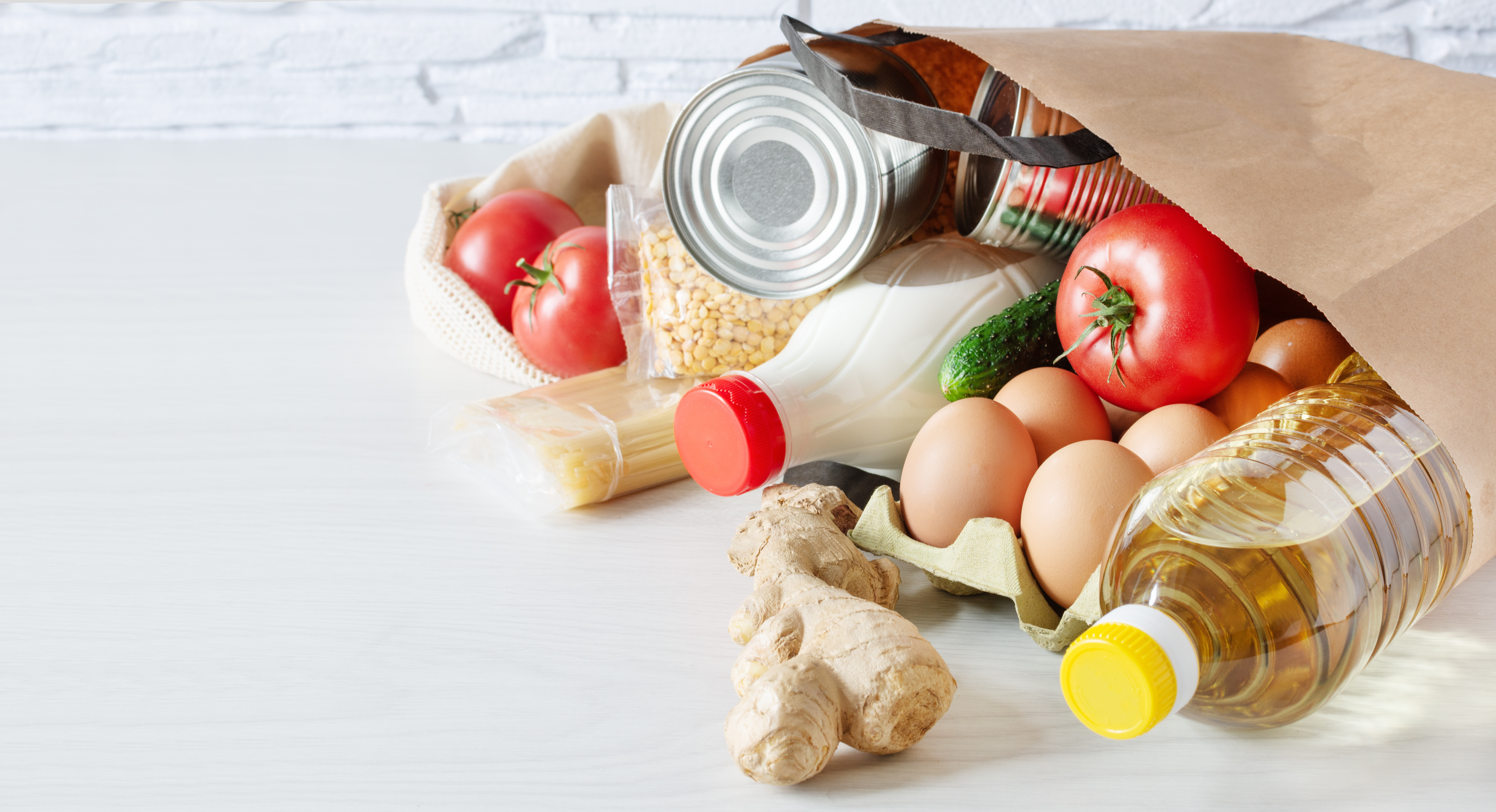 Groceries including eggs and fresh foods symbolizing the broad application of Delvo™Nis preservative without affecting flavor.