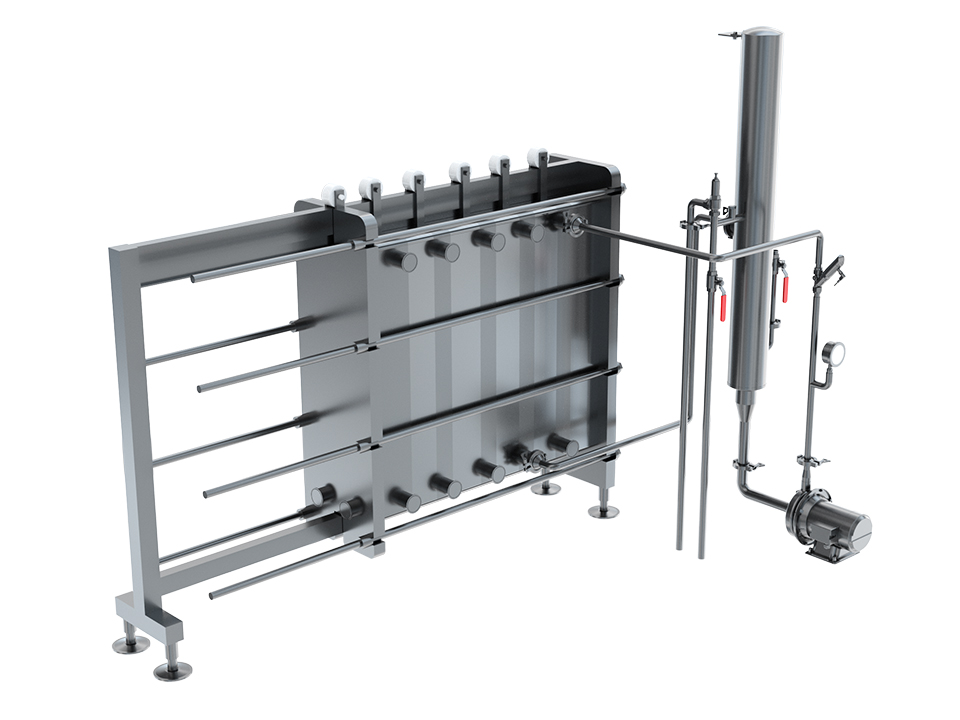 Indirect heat recovery module used in liquid egg pasteurizer systems for energy-efficient processing.