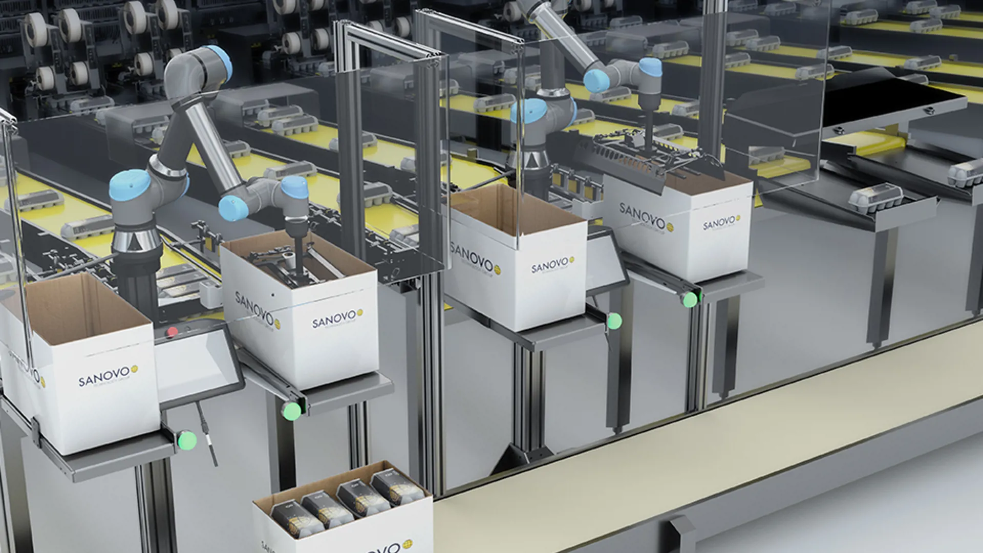 Collaborative robots on the SANOVO CoFlex egg case packer system placing cartons into cases along automated lanes.