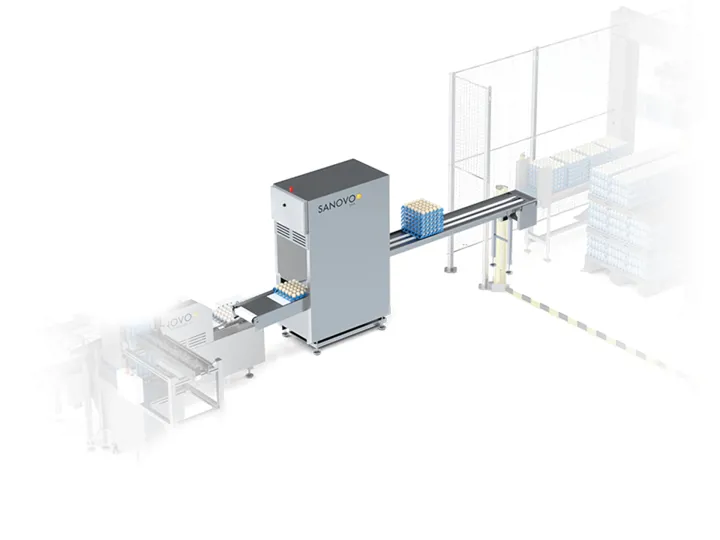SANOVO Traystacker SX40 automatically stacking egg trays and conveying stacks for easy offloading.