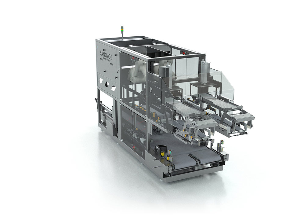 SANOVO Case Packer Twin egg case packer machine handling two-lane packing of cartons for automated case packing.
