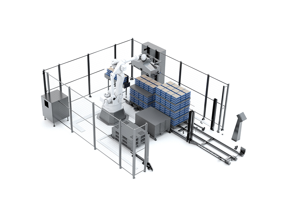 High-capacity egg palletizer robot stacking filled egg trays onto pallets for automated case handling.