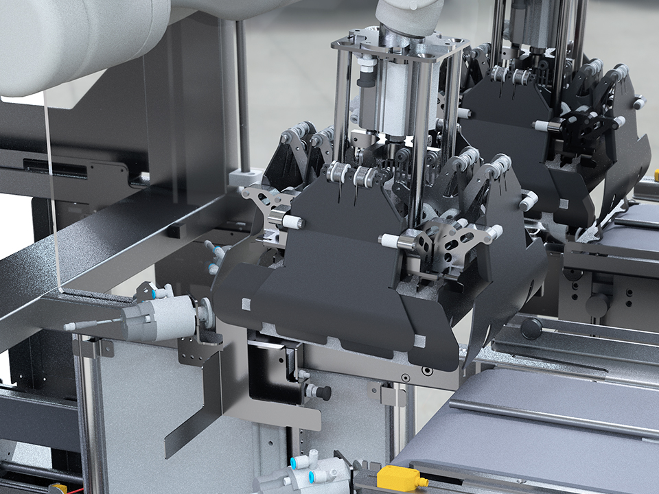 Gripping tool on the SANOVO Case Packer Twin used for automated carton handling.